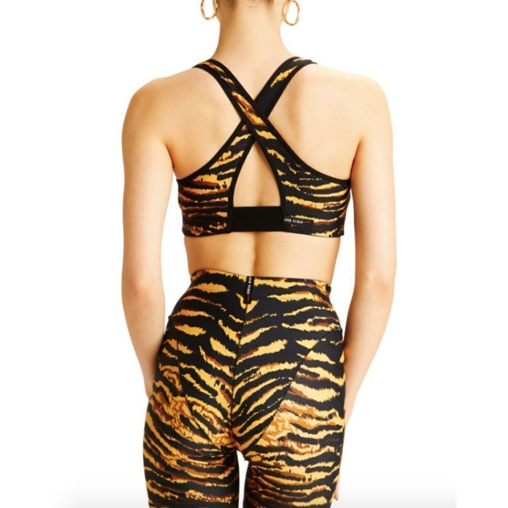 Adam Selman Sport light tan black animal tiger print cutout cross sports bra - Picture 2 of 7